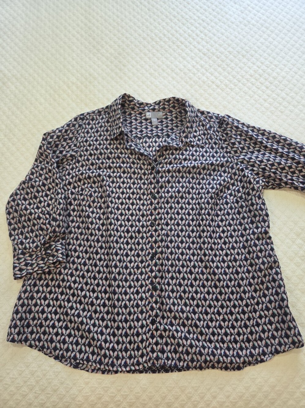 JCP Size 1X Blouse Top Silk Cotton Blend 3/4 Sleeve Button Up Bird Novelty Print